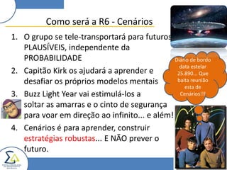 Como será a R6 - Cenários
1. O grupo se tele-transportará para futuros
   PLAUSÍVEIS, independente da
   PROBABILIDADE                               Diário de bordo
                                                 data estelar
2. Capitão Kirk os ajudará a aprender e         25.890... Que
   desafiar os próprios modelos mentais         baita reunião
                                                   esta de
3. Buzz Light Year vai estimulá-los a            Cenários!!!

   soltar as amarras e o cinto de segurança
   para voar em direção ao infinito... e além!
4. Cenários é para aprender, construir
   estratégias robustas... E NÃO prever o
   futuro.
 
