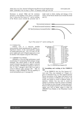 Jobin Jose et al. Int. Journal of Engineering Research and Applications www.ijera.com
ISSN: 2248-9622, Vol. 6, Issue 1, (Part - 5) January 2016, pp.114-120
www.ijera.com 115|P a g e
Resistance is around 10KΩ and the resistance
increases as the bending of the sensor is increased.
Fig 2.1 shows the Flex sensor 4.5’’ and its working.
If the flexion occurs towards the proximal end, it
might result in faulty reading and damage of the
sensor. So the flexion should occur towards the distal
end. [3]
Fig 2.1 Flex sensor 4.5’’ and its working. [3]
2.1.2 Arduino Uno:
Arduino Uno is a mini-size portable
microcontroller board manufactured by Arduino Co.
Significant features of this microcontroller include
six analog input ports (A0 – A5), a 5V and 3.3V DC
power supply ports and 14 Digital output ports. It can
be interface with computer using the USB cord[5].
2.1.3 APR9600 Voice Module:
APR9600 is a low-cost high performance sound
record/replay IC incorporating flash analogue storage
technique. One salient feature is that the recorded
sound is retained even after power supply is removed
from the module. APR9600 pin diagram is shown in
Fig. 2.3. Pins 1 through 6 and 8 and 9 are used to
record 8 different audio messages (M1 – M8). So
basically a single APR9600 IC has the capability to
record and playback up to 8 messages [4].
Fig. 2.2 APR9600 pin diagram [4]
2.2 Assembling and working of the FMBWCN
Aid:
In the FMBWCN Aid, five Flex Sensors 4.5’’
were used. They were mounted on 5 fingers of a
glove as indicated in Fig. 2.4. They captured specific
flexion movements of the fingers and based on the
change of resistance of different sets of sensors, the
system was trained to switch to different modes of
operation. Arduino Uno was used to record the
changes in resistance of the flex sensors on bending.
The recording was done through 5 analog input ports.
Based on the program ported on the microcontroller,
signals were sent as digital output to either the
APR6900 Voice Module, or the Wheelchair Control
Module.
 