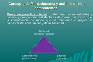 Concepto ddee MMeerrccaaddootteeccnniiaa yy aannáálliissiiss ddee ssuuss 
ccoommppoonneenntteess 
Mercadeo para la sociedad: determinar las necesidades y 
deseos y proporcionar satisfactores de forma más eficaz que 
la competencia de modo que se mantenga o mejore el 
bienestar del consumidor y de la sociedad. 
Sociedad 
(bienestar humano) 
Empresa 
(utilidades) 
Consumidores 
(satisfacción) 
 