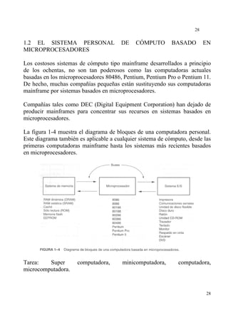 28


1.2 EL SISTEMA PERSONAL                DE    CÓMPUTO        BASADO        EN
MICROPROCESADORES

Los costosos sistemas de cómputo tipo mainframe desarrollados a principio
de los ochentas, no son tan poderosos como las computadoras actuales
basadas en los microprocesadores 80486, Pentium, Pentium Pro o Pentium 11.
De hecho, muchas compañías pequeñas están sustituyendo sus computadoras
mainframe por sistemas basados en microprocesadores.

Compañías tales como DEC (Digital Equipment Corporation) han dejado de
producir mainframes para concentrar sus recursos en sistemas basados en
microprocesadores.

La figura 1-4 muestra el diagrama de bloques de una computadora personal.
Este diagrama también es aplicable a cualquier sistema de cómputo, desde las
primeras computadoras mainframe hasta los sistemas más recientes basados
en microprocesadores.




Tarea:   Super       computadora,       minicomputadora,      computadora,
microcomputadora.


                                                                          28
 