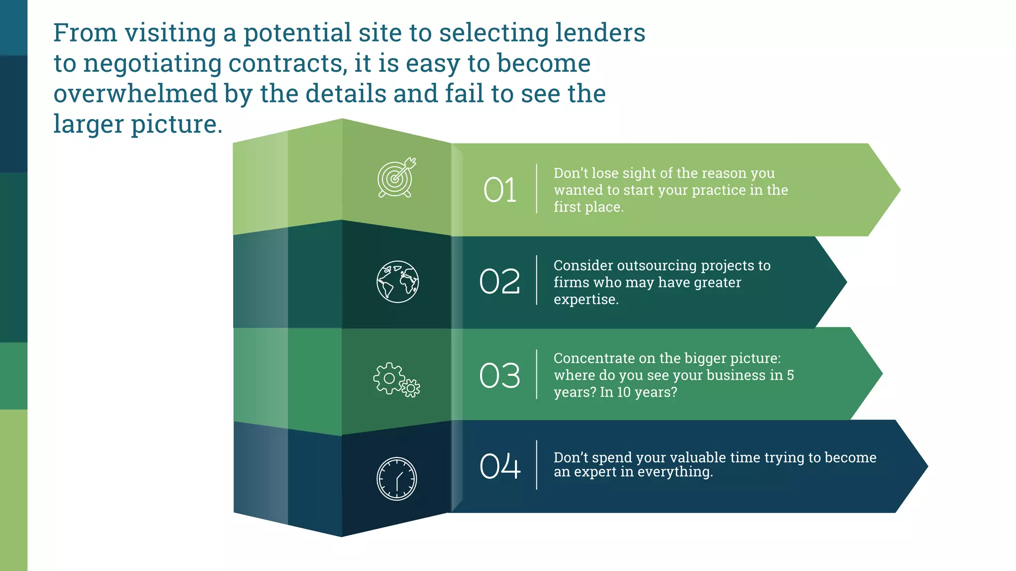 From visiting a potential site to selecting lenders
to negotiating contracts, it is easy to become
overwhelmed by the details and fail to see the
larger picture.
01
Don’t lose sight of the reason you
wanted to start your practice in the
first place.
02
Consider outsourcing projects to
firms who may have greater
expertise.
03
Concentrate on the bigger picture:
where do you see your business in 5
years? In 10 years?
04 Don’t spend your valuable time trying to become
an expert in everything.
 