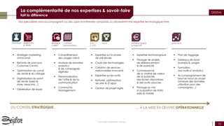 10
Copyright Beijaflore Group
DIGITAL
 Stratégie marketing
omnicanal
 Refonte de parcours
Customer Centric
 Optimisation du canal
de vente & du ciblage
 Digitalisation du point
de vente (web to
store, beacons…)
 Génération de leads
 Compréhension
des usages client
 Analyse de données
analytics
& de campagnes
digitales
 Personnalisation
de l’offre & de la
communication
 Community
Management
 Expertise sur la phase
de pré-étude
 Choix des technologies
 Création de services
web/mobiles innovants
 Expertise sur les outils
 Refonte, optimisation
de sites & d’apps
 Gestion de projet Agile
 Expertise technologique
 Pilotage de projets
de référencement
& de publicité
 Connaissance
de la chaîne de valeur
de la publicité,
des leviers disponibles
& des outils associés
 Pilotage du mix
d’acquisition de trafic
web & mobile
 Plan de taggage
 Tableaux de bord
business & usages
 Formation
aux outils d’analytics
 Accompagnement de
bout en bout du projet
(analyse des données,
utilisation pour des
campagnes…)
DU CONSEIL STRATÉGIQUE… … À LA MISE EN ŒUVRE OPÉRATIONNELLE
La complémentarité de nos expertises & savoir-faire
fait la différence
STRATÉGIE MARKETING
& VENTE
RELATION
CLIENT
CONTENT
MANAGEMENT
APPS
& SITES
AGILE RÉFÉRENCEMENT
& PUBLICITÉ
ANALYTICS
Nos spécialistes vous accompagnent sur des sujets fonctionnels complexes ou nécessitant une expertise technologique forte
 
