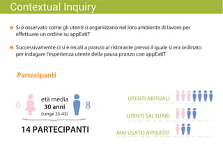 Partecipanti
età media
30 anni
(range 25-43)
6 8
14 PARTECIPANTI
UTENTI ABITUALI
UTENTI SALTUARI
MAI USATO APPEATIT
Contextual Inquiry
Si è osservato come gli utenti si organizzano nel loro ambiente di lavoro per
effettuare un ordine su appEatiT
Successivamente ci si è recati a pranzo al ristorante presso il quale si era ordinato
per indagare l’esperienza utente della pausa pranzo con appEatIT
 