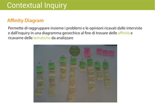 Permette di raggruppare insieme i problemi e le opinioni ricavati dalle interviste
e dall’inquiry in una diagramma gerarchico al fine di trovare delle affinità e
ricavarne delle tematiche da analizzare
Contextual Inquiry
Affinity Diagram
 
