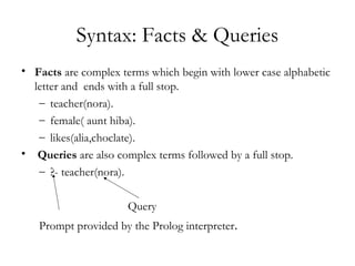Syntax: Facts & Queries
• Facts are complex terms which begin with lower case alphabetic
letter and ends with a full stop.
– teacher(nora).
– female( aunt hiba).
– likes(alia,choclate).
• Queries are also complex terms followed by a full stop.
– ?- teacher(nora).
Query
Prompt provided by the Prolog interpreter.
 