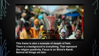 This frame is also a example of deapth of field.
There is a background is everything. That represent
the religion positivity. Focus is on Shiva's Nandi.
Behind all things are blur.
 