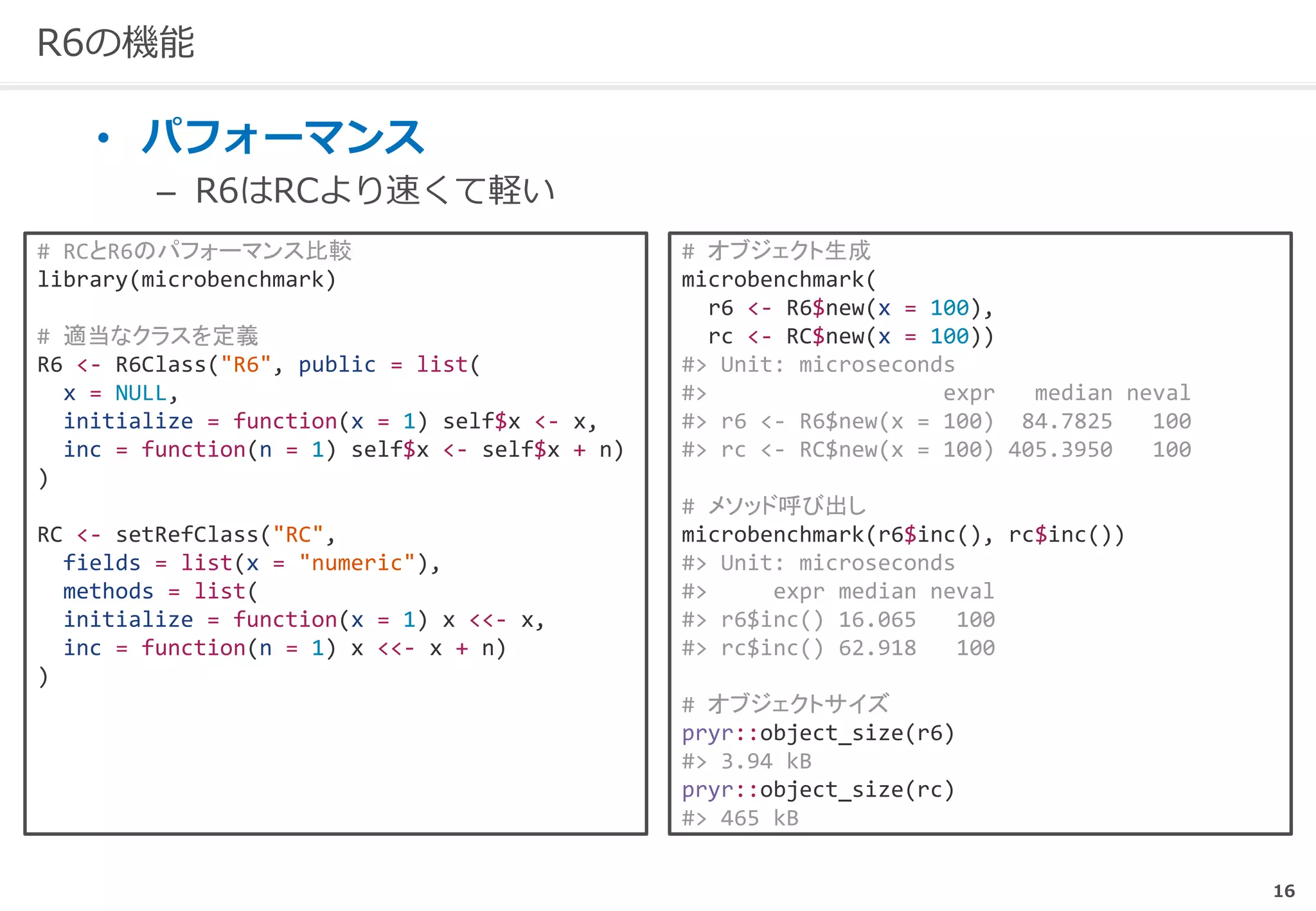 16
R6の機能
• パフォーマンス
– R6はRCより速くて軽い
# RCとR6のパフォーマンス比較
library(microbenchmark)
# 適当なクラスを定義
R6 <- R6Class("R6", public = list(
x = NULL,
initialize = function(x = 1) self$x <- x,
inc = function(n = 1) self$x <- self$x + n)
)
RC <- setRefClass("RC",
fields = list(x = "numeric"),
methods = list(
initialize = function(x = 1) x <<- x,
inc = function(n = 1) x <<- x + n)
)
# オブジェクト生成
microbenchmark(
r6 <- R6$new(x = 100),
rc <- RC$new(x = 100))
#> Unit: microseconds
#> expr median neval
#> r6 <- R6$new(x = 100) 84.7825 100
#> rc <- RC$new(x = 100) 405.3950 100
# メソッド呼び出し
microbenchmark(r6$inc(), rc$inc())
#> Unit: microseconds
#> expr median neval
#> r6$inc() 16.065 100
#> rc$inc() 62.918 100
# オブジェクトサイズ
pryr::object_size(r6)
#> 3.94 kB
pryr::object_size(rc)
#> 465 kB
 