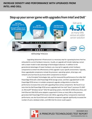 INCREASE DENSITY AND PERFORMANCE WITH UPGRADES FROM
INTEL AND DELL
DECEMBER 2014
A PRINCIPLED TECHNOLOGIES TEST REPORT
Commissioned by Intel, Inc.
Upgrading datacenter infrastructure is a necessary step for a growing business that has
exhausted its current hardware resources. Usually, an upgrade will include replacing a server
with a newer model to take advantage of technological advances. In addition to the
generational advantages of newer hardware, you may opt to upgrade certain hardware
components to stretch the effectiveness of the upgrade in your specific environment. Typically,
these upgradeable components include the processor, operating system, drive type, and
network card, but how do you know which components to choose?
In the Principled Technologies labs, we first measured the performance of an older Dell
PowerEdge R710 with a Dell PowerEdge R710 storage server, and then upgraded both to Dell
PowerEdge R720 servers in multiple component upgrade configurations to show the
performance increases that come with upgrading these various components. We found in our
tests that the Dell PowerEdge R720 servers upgraded with the Intel® Xeon® processor E5-2697
v2, Microsoft® Windows Server® 2012 R2 operating system, Intel SSD DC S3700 series drive, and
Intel Ethernet CNA X520 series adapters supported 4.5 times as many VMs as the previous-
generation Dell PowerEdge R710 servers did. While upgrading all four components maximized
performance, we also found that each individual component upgrade significantly increased the
number of users, database orders, and VMs that the server could support.
 