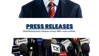 PRESS RELEASES
PRESS RELEASES
PRESS RELEASES
Distributed press releases across 400+ news outlets.
 
