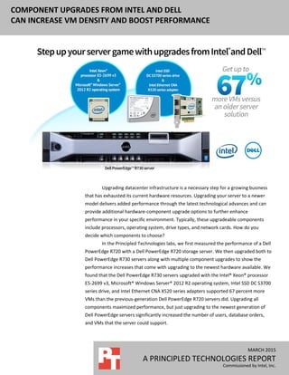 COMPONENT UPGRADES FROM INTEL AND DELL
CAN INCREASE VM DENSITY AND BOOST PERFORMANCE
MARCH 2015 (Revised)
A PRINCIPLED TECHNOLOGIES REPORT
Commissioned by Intel, Inc.
Upgrading datacenter infrastructure is a necessary step for a growing business
that has exhausted its current hardware resources. Upgrading your server to a newer
model delivers added performance through the latest technological advances and can
provide additional hardware-component upgrade options to further enhance
performance in your specific environment. Typically, these upgradeable components
include processors, operating system, drive types, and network cards. How do you
decide which components to choose?
In the Principled Technologies labs, we first measured the performance of a Dell
PowerEdge R720 with a Dell PowerEdge R720 storage server. We then upgraded both to
Dell PowerEdge R730 servers along with multiple component upgrades to show the
performance increases that come with upgrading to the newest hardware available. We
found that the Dell PowerEdge R730 servers upgraded with the Intel® Xeon® processor
E5-2699 v3, Microsoft® Windows Server® 2012 R2 operating system, Intel SSD DC S3700
series drive, and Intel Ethernet CNA X520 series adapters supported 67 percent more
VMs than the previous-generation Dell PowerEdge R720 servers did. Upgrading all
components maximized performance, but just upgrading to the newest generation of
Dell PowerEdge servers significantly increased the number of users, database orders,
and VMs that the server could support.
 