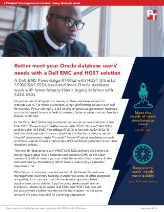Better meet your Oracle database users’
needs with a Dell EMC and HGST solution
A Dell EMC PowerEdge R740xd with HGST Ultrastar
SS300 SAS SSDs executed more Oracle database
work with lower latency than a legacy solution with
SATA SSDs
Organizations of all types rely heavily on their database servers for
everyday work. For these businesses, a high-performing solution is critical
for success. If your company is still relying on previous-generation hardware,
you could benefit from a refresh to a newer, faster solution that can handle a
heavier workload.
In the Principled Technologies datacenter, we set up two solutions: a new
Dell EMC™
PowerEdge™
R740xd server with HGST Ultrastar®
SAS SSDs
and an older Dell EMC PowerEdge R730xd server with SATA SSDs.To
test the database performance capabilities of the two solutions, we ran
Oracle®
databases in eight Microsoft®
Hyper-V®
virtual machines on each
and then used an Oracle input/output (I/O) workload generator to simulate
database activity.
The new R740xd servers with HGST SAS SSDs delivered 2.6 times as
many input/output (I/O) operations per second (IOPS) as the older
servers did, which means you can meet the needs of more users. It also
reduced latency dramatically, which means users enjoy a speedier
response time.
Whether your company uses transactional databases for customer
management, inventory tracking, human resources, or other purposes
altogether, it’s important that the hardware supporting these
applications has to deliver. If you’re using previous-generation
hardware, refreshing to a new Dell EMC and HGST solution will
let you provide a better experience for more users—in the same
amount of space. Sounds like a winning proposition.
Meet the
needs of more
simultaneous
users
2.6X the IOPS
Respond to
users’ needs
more quickly
Up to 95% lower latency
Better meet your Oracle database users’ needs with a Dell EMC and HGST solution	 September 2018
A Principled Technologies report: Hands-on testing. Real-world results.A Principled Technologies report: Hands-on testing. Real-world results.
 