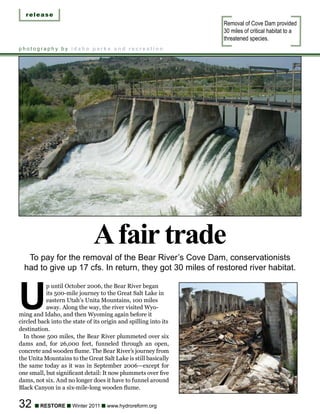 release
                                                                  Removal of Cove Dam provided
                                                                  30 miles of critical habitat to a
                                                                  threatened species.
photography by idaho parks and recreation




                               A fair trade
   To pay for the removal of the Bear River’s Cove Dam, conservationists
  had to give up 1 cfs. In return, they got 0 miles of restored river habitat.



U
           p until October 2006, the Bear River began
           its 500-mile journey to the Great Salt Lake in
           eastern Utah’s Unita Mountains, 100 miles
           away. Along the way, the river visited Wyo-
ming and Idaho, and then Wyoming again before it
circled back into the state of its origin and spilling into its
destination.
  In those 500 miles, the Bear River plummeted over six
dams and, for 26,000 feet, funneled through an open,
concrete and wooden flume. The Bear River’s journey from
the Unita Mountains to the Great Salt Lake is still basically
the same today as it was in September 2006—except for
one small, but significant detail: It now plummets over five
dams, not six. And no longer does it have to funnel around
Black Canyon in a six-mile-long wooden flume.


 n RESTORE n Winter 011 n www.hydroreform.org
 