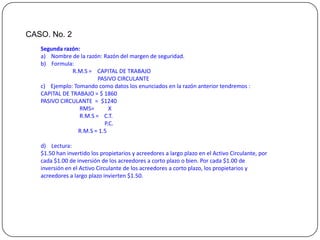 Segunda razón:
a) Nombre de la razón: Razón del margen de seguridad.
b) Formula:
R.M.S = CAPITAL DE TRABAJO
PASIVO CIRCULANTE
c) Ejemplo: Tomando como datos los enunciados en la razón anterior tendremos :
CAPITAL DE TRABAJO = $ 1860
PASIVO CIRCULANTE = $1240
RMS= X
R.M.S = C.T.
P.C.
R.M.S = 1.5
d) Lectura:
$1.50 han invertido los propietarios y acreedores a largo plazo en el Activo Circulante, por
cada $1.00 de inversión de los acreedores a corto plazo o bien. Por cada $1.00 de
inversión en el Activo Circulante de los acreedores a corto plazo, los propietarios y
acreedores a largo plazo invierten $1.50.
CASO. No. 2
 
