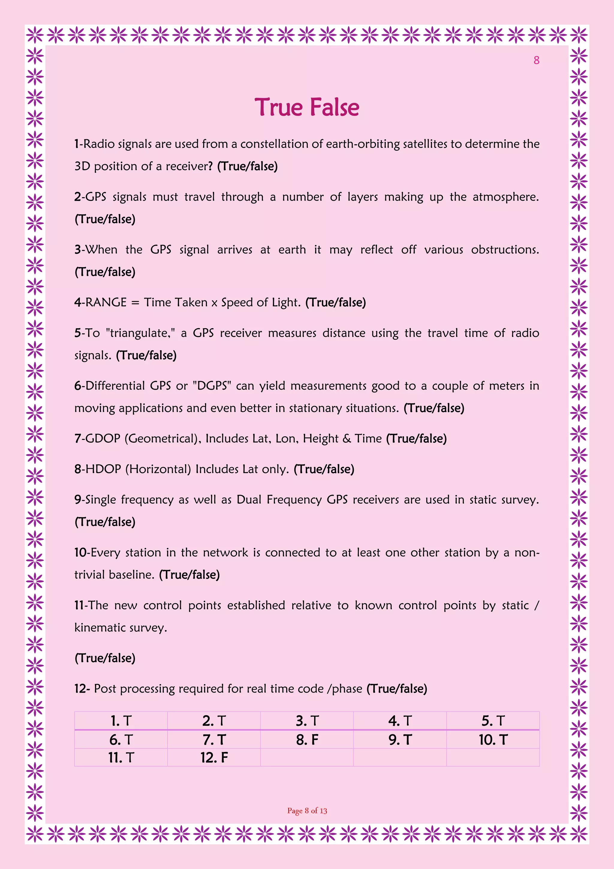 8
True False
1-Radio signals are used from a constellation of earth-orbiting satellites to determine the
3D position of a receiver? (True/false)
2-GPS signals must travel through a number of layers making up the atmosphere.
(True/false)
3-When the GPS signal arrives at earth it may reflect off various obstructions.
(True/false)
4-RANGE = Time Taken x Speed of Light. (True/false)
5-To "triangulate," a GPS receiver measures distance using the travel time of radio
signals. (True/false)
6-Differential GPS or "DGPS" can yield measurements good to a couple of meters in
moving applications and even better in stationary situations. (True/false)
7-GDOP (Geometrical), Includes Lat, Lon, Height & Time (True/false)
8-HDOP (Horizontal) Includes Lat only. (True/false)
9-Single frequency as well as Dual Frequency GPS receivers are used in static survey.
(True/false)
10-Every station in the network is connected to at least one other station by a non-
trivial baseline. (True/false)
11-The new control points established relative to known control points by static /
kinematic survey.
(True/false)
12- Post processing required for real time code /phase (True/false)
1. T 2. T 3. T 4. T 5. T
6. T 7. T 8. F 9. T 10. T
11. T 12. F
 