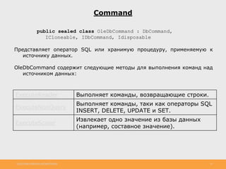 http://www.slideshare.net/IgorShkulipa 23
Command
public sealed class OleDbCommand : DbCommand,
ICloneable, IDbCommand, Idisposable
Представляет оператор SQL или хранимую процедуру, применяемую к
источнику данных.
OleDbCommand содержит следующие методы для выполнения команд над
источником данных:
ExecuteReader Выполняет команды, возвращающие строки.
ExecuteNonQuery
Выполняет команды, таки как операторы SQL
INSERT, DELETE, UPDATE и SET.
ExecuteScalar
Извлекает одно значение из базы данных
(например, составное значение).
 