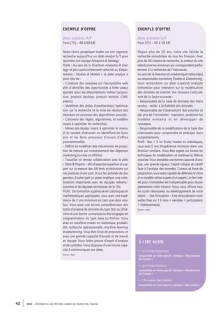 APEC – référentiel des métiers cadres DU MARKETING DIGITAL42
Exemple d’offre
Data scientist H/F
Paris (75) – 40 à 50 k€
Depuis plus de 20  ans, notre site facilite la
recherche immobilière de tous les Français. Avec
plus de 40 critères de recherche, le moteur du site
sélectionne les annonces qui correspondent parfai-
tement à la recherche de l’internaute.
Au sein de la direction du marketing et rattaché(e)
au responsable marketing Études et Datamining,
nous recherchons un data scientist/analyste
immobilier pour intervenir sur la modélisation
des données de marché. Vos missions s’articule-
ront de la façon suivante :
– Responsable de la base de données des biens
vendus : veiller à la fiabilité des données.
– Responsable de l’observatoire des volumes et
des prix de l’immobilier : maintenir, améliorer les
modèles existants et en développer de
nouveaux.
– Responsable de la modélisation de la base des
internautes pour comprendre et anticiper leurs
comportements.
Profil : Bac + 5 en École/master en statistiques,
vous avez 5 ans d’expérience minimum dans une
fonction similaire. Vous êtes expert sur toutes les
techniques de modélisation et maitrisez la théorie
associée. Vous possédez une bonne capacité d’ana-
lyse, une grande rigueur, l’esprit critique et créatif
face à l’analyse des données. Curieux et force de
proposition, vous serez capable de défendre le choix
d’un modèle utilisé auprès d’un expert. Un fort inté-
rêt pour l’immobilier est indispensable pour réussir
pleinement cette mission. Nous vous offrons tous
les outils nécessaires au développement de votre
talent : – Des formations – Une rémunération moti-
vante (Fixe sur 13 mois + variable + participation
+ intéressement).
Source : Apec
À lire AUSSI
 Les Fiches Fonctions
consultable sur www.apec.fr, rubrique « Observatoire
de l’emploi »
 Les Fiches Secteurs
consultable sur www.apec.fr, rubrique « Observatoire
de l’emploi »
 L’Annuaire des métiers
consultable sur www.apec.fr, rubrique « Ma carrière »
Exemple d’offre
Data scientist H/F
Paris (75) – 40 à­60 k€
Notre client, pureplayer leader sur son segment,
recherche aujourd’hui un data analyst h/f pour
rejoindre son équipe Analytics  Strategy.
Poste : Au sein de la Direction Analytics  Stra-
tegy et plus particulièrement rattaché au Dépar-
tement « Studies  Models », le data analyst a
pour rôle de :
– Conduire des analyses sur l’écosystème web
afin d’identifier des opportunités à forte valeur
ajoutée pour les départements métier (acquisi-
tion, produit desktop, produit mobile, CRM,
events).
– Modéliser des pistes d’amélioration/optimisa-
tion sur la recherche et la mise en relation des
membres et concevoir des algorithmes associés.
– Concevoir des règles, algorithmes, et modèles
visant à optimiser les recherches.
– Mener des études visant à optimiser le revenu
et le nombre d’abonnés en identifiant les bons
prix et les bons processus d’envois d’offres
promotionnelles.
– Définir et modéliser des mécanismes de projec-
tion de retours sur investissement des dépenses
marketing (on-line et off-line).
– Travailler en étroite collaboration avec le pôle
« Data  Projects » afin d’apporter expertise et sup-
port sur la mesure des AB tests et évolutions sur
nos produits d’une part, et sur les activités de dia-
gnostics d’autre part Le poste implique une colla-
boration importante avec les équipes métiers/
business et les équipes techniques de la DSI.
Profil : De formation supérieure en statistiques et
mathématiques appliquées, vous avez une expé-
rience de 2 ans minimum en tant que data ana-
lyst. Vous avez une bonne compréhension des
outils d’analyse de données du type SQL ou Qlick-
view et une bonne connaissance des langages de
programmation du type Java ou Python. Vous
avez un excellent niveau en statistique, probabi-
lité, recherche opérationnelle, machine learning
et datamining. Vous êtes force de proposition, et
avez une grande capacité d’écoute et de travail
en équipe. Vous faites preuve d’esprit d’analyse
et de synthèse. Vous disposez d’une bonne capa-
cité à communiquer vos idées.
Source : Apec
 