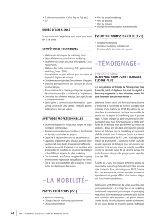 APEC – référentiel des métiers cadres DU MARKETING DIGITAL48
• Chef de projet marketing
• Chef de produit
• Chef de groupe
• Chargé de communication évènementielle
Évolution professionnelle (P+1)
• Directeur commercial
• Directeur marketing opérationnel
• Directeur de la promotion des ventes
–TÉMOIGNAGE–
Stephanie Simon,
marketing cross canal manager,
Cuisine Plus
« Je suis garante de l’image de l’enseigne sur tous
les outils print et digitaux. La part du digital a
beaucoup augmenté ces deux dernières années fai-
sant fortement évoluer mon métier. »
Stéphanie Simon a suivi une formation en économie
d’entreprise à l’université de Rennes dont elle sort
diplômée d’une maîtrise en 1998. Elle débute sa car-
rière dans le commerce en tant que responsable de
secteur sur la région de Strasbourg pour le groupe
Pepsi. « J’étais chargée de gérer un portefeuille d’hy-
permarchés avec pour but d’augmenter le chiffre d’af-
faires de la marque et de positionner au mieux les
produits. » Deux ans plus tard, elle rejoint le groupe
Ferrero et bifurque vers le marketing en devenant
chef de produit pour la marque Duplo. « Je devais
gérer la marque selon les 4 P : prix/packaging/pro-
motion et distribution ». Stéphanie Simon souhaite
ensuite rejoindre la Bretagne pour des raisons per-
sonnelles. Elle entame alors ce qu’elle considère
comme la seconde partie de sa carrière puisqu’elle
quitte l’univers des grands groupes pour travailler
dans des PME.
À partir de 2005, elle occupe différents postes de
responsable marketing, d’abord chez Cobral ensuite
chez Halieutis. Puis, elle intègre en 2010 Cuisine
Plus, une enseigne de cuisines équipées sur-­mesure
appartenant au groupe SBD et structurée en maga-
sins franchisés indépendants.
Ses missions sont différentes de celles associées à ses
postes précédents : « Il ne s’agit pas ici de marketing
traditionnel comprenant par exemple du packaging
mais plutôt d’un marketing de communication tourné
pour l’essentiel vers les médias ; les grands médias
comme la télé, la radio, la presse et bien sûr Internet.
Je gère aussi toutes les relations presse/publiques
• École communication (Celsa, Sup de Pub etc.)
• IEP
Durée d’expérience
5 ans minimum d’expérience sont requis pour accé-
der à ce poste.
Compétences techniques
• Maîtrise des techniques de marketing direct.
• Savoir élaborer un plan d’action marketing.
• Excellente utilisation du pack office (Word, Excel,
PowerPoint).
• Maîtrise des outils marketing 2.0 : gestionnaire
e-­mailing ; blogs ; CRM.
• Connaissance et goût affirmé pour les outils et
dispositifs digitaux et sociaux.
• Compétencesmanagérialesd’encadrementd’équipes.
• Maîtrise professionnelle de l’anglais et d’une
seconde langue.
• Bonne maîtrise de la chaine graphique des supports
de communication (de la création à la l’impression).
• Connaître les différents médias, leurs spécificités
et complémentarités.
• Savoir gérer la communication hors médias : spon-
soring, promotion des ventes, relations presse,
publications, foires et salons.
Aptitudes professionnelles
• Excellente expression écrite pour rédiger les argu-
mentaires commerciaux.
• Bonne communication pour motiver et fonctionner
en équipe, coordonner les projets.
• Capacité à négocier les contrats de partenariat.
• Capacité à organiser et gérer plusieurs dossiers simul-
tanément et à des stades d’avancement différents.
• Excellente capacité d’analyse et de synthèse afin
d’interpréter les résultats, de structurer la stratégie
et les différents aspects du plan marketing.
• Être innovant, créatif pour imaginer des supports
promotionnels originaux et attractifs pour les clients.
• Être à l’aise avec les chiffres afin d’analyser et inter-
préter les statistiques des ventes.
–LA MOBILITÉ–
Postes précédents (P-­1)
• Assistant marketing
• Chargé d’études marketing opérationnel
• Chargé de promotion
 