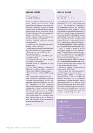 APEC – référentiel des métiers cadres DU MARKETING DIGITAL62
Exemple d’offre
Traffic manager H/F
Saint Malo (35) – 23 à 25 k€
Avec ses 6 enseignes de prêt-­à-­porter, plus d’un mil-
liard et demi de CA en 2013, 2 750 points de vente
à fin 2013 dans le monde, notre Groupe poursuit
son développement et recrute pour son départe-
ment e-­Commerce un traffic manager H/F. Sous la
responsabilité du responsable pôle acquisition et
performance, le traffic manager se porte garant de
l’atteinte des objectifs de trafic  d’audience sur les
sites dont il a la charge. Il doit veiller à ce que les
coûts d’acquisition de clients et prospects en ligne
soient en ligne avec les investissements prévision-
nels. Le traffic manager a les missions suivantes :
– Accroîtreledéveloppementdutrafic,lavisibilitédu
site et optimiser le référencement naturel et payant.
–  Définir et mettre en œuvre les actions
e-­Marketing et stratégie on-­line ainsi que les cam-
pagnes d’acquisition à travers toutes opérations :
search marketing, liens sponsorisés achat d’es-
pace, partenariats, campagnes CPC/CPM, opéra-
tions spéciales et de marketing viral.
– Accroîtreledéveloppementdutrafic,lavisibilitédu
site et optimiser le référencement naturel et payant.
– Accroître les performances de l’ensemble des
actions menées (reporting ROlste).
–  Analyser les stratégies concurrentes et les
opportunités de différenciation.
–  Mettre en place des projets d’acquisition/
d’animation du type jeux concours en ligne.
De formation Bac + 3 à Bac +5 type ESC/école
de communication ou IAE, vous possédez une
expérience de minimum 2 ans sur un poste simi-
laire idéalement acquise en webagency. Des com-
pétences analytiques et de reporting seront
indispensables pour mener à bien votre mission.
Enthousiasme, créativité, autonomie, organisa-
tion, rigueur sont des qualités qui vous sont
reconnues. Votre connaissance des solutions de
routage et leur paramétrage est un plus.
Source : Apec
Exemple d’offre
Traffic manager H/F
Lyon (69) – 30 à­36 k€
Société de distribution, recherche sur Lyon un(e)
Traffic manager/webmarketeur (H/F)
expérimenté(e). Nous éditons plusieurs sites web,
B2B ou B2C à vocation corporate ou commer-
ciale. Au sein de notre équipe marketing web, et
sous la direction de notre chef de projet webmar-
keting, vous êtes garant de nos campagnes d’ac-
quisition online. Missions principales :
– Gestion du budget d’acquisition et optimisation
des actions dans une logique de ROI.
– Suivi des campagnes d’acquisition et analyse
des performances.
–  Coordination des prestataires (Affiliation,
emailing, Display, e-­réputation).
– Amélioration du community management et
proposition d’actions sur les réseaux sociaux.
– Reportings avec suivi des différents KPI.
Compétences requises :
– Webmarketing (SEO, SEA, SMO, Affiliation, Dis-
play/RTB, e-­mailing)
–  Excellente connaissance d’outils Analytics
(notamment Google Analytics)
– Parfaite maîtrise de l’Adwords et de l’outil
Adwords editor.
–  Maîtrise d’outils d’emailing professionnels
(idéalement EmailVision ndash ; Smartfocus)
– Bonne maitrise d’Excel et des statistiques.
– Bonne connaissance techniques (CMS, langage
HTML)
– Des notions en PHP constitueront un plus.
Profil : De formation supérieure Bac +5 (école de
commerce, formation marketing, ou école d’ingé-
nieurs avec spécialisation marketing), vous justi-
fiez d’une expérience d’au moins 5 ans au sein
d’un service Web. Passionné(e) par le e-­business,
vous possédez de solides connaissances dans la
définition et la mise en œuvre de stratégies
online multi-­leviers, des mécaniques d’acquisition
web ainsi que des analyses de performance. À
l’aise avec les chiffres vous avez un esprit de syn-
thèse et êtes rigoureux et force de proposition.
Vous avez également un bon relationnel et
appréciez le travail en équipe.
Source : Apec
À lire AUSSI
 Les Fiches Fonctions
consultable sur www.apec.fr, rubrique « Observatoire
de l’emploi »
 Les Fiches Secteurs
consultable sur www.apec.fr, rubrique « Observatoire
de l’emploi »
 L’Annuaire des métiers
consultable sur www.apec.fr, rubrique « Ma carrière »
 