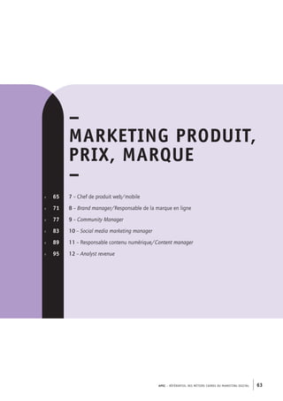 APEC – référentiel des métiers cadres DU MARKETING DIGITAL 63
p.  	 65
p. 	 71
p. 	 77
p.	 83
p.	 89
p.	 95
–
MARKETING PRODUIT,
PRIX, MARQUE
–
7 – Chef de produit web/mobile
8 – Brand manager/Responsable de la marque en ligne
9 – Community Manager
10 – Social media marketing manager
11 – Responsable contenu numérique/Content manager
12 – Analyst revenue
 