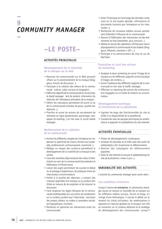 APEC – référentiel des métiers cadres DU MARKETING DIGITAL78
• Gérer l’historique et l’archivage des données conte-
nues sur le site (sujets abordés, informations et
documents transmis par l’entreprise ou les inter-
nautes…).
• Rechercher de nouveaux médias sociaux permet-
tant d’étendre l’influence de la communauté.
• Assurer la fidélisation des internautes via des évè-
nements on-­line (newsletter, jeux concours…).
• Mettre en œuvre des opérations off-­line pour réunir
physiquement la communauté et ses leaders (blog-
geurs influents, membres « VIP »…).
• Participer à la communication de crise en cas de
bad buzz.
Évaluation et suivi des actions
de marketing
• Analyser le buzz marketing et suivre l’image de la
marque sur les différents supports on-­line (analyse
d’images, de contenu…).
• Suivre l’audience des différents supports de la com-
munauté en lien avec le traffic manager.
• Effectuer un reporting des actions de communica-
tion engagées sur ce mode de relation au consom-
mateur
Développement technique
et fonctionnel de la plateforme
• Signaler les bugs des fonctionnalités du site et
veiller à la disponibilité de la plateforme.
• Coordonner avec les équipes techniques les amélio-
rations à apporter à la plateforme du site Internet.
Activités éventuelles
• Piloter les développements numériques.
• Analyser les données et le trafic avec des outils de
webanalytics afin d’optimiser le référencement
• Réaliser des campagnes de référencement
payantes.
• Gérer le site Internet et assurer le webmastering du
site (actualisations, mises à jour…).
Variabilité des activités
L’activité du community manager peut varier selon :
Les conditions d’exercice
Lorsqu’il exerce en entreprise, le community mana-
ger assure et mesure la notoriété de la marque sur
les différents médias sociaux, forums et blogs. En
charge d’une thématique, il suscite le débat sur le
ressenti du client/utilisateur, les améliorations à
apporter ou l’opinion globale sur la marque. Son rôle
se concentre sur le contenu éditorial et la stratégie
de développement des communautés. Lorsqu’il
–LE POSTE–
Activités principales
Développement de la notoriété
de la marque sur le web
• Recenser les communautés sur le Web pouvant
influer sur le positionnement de la marque (blog-
geurs, forums de discussion…).
• Participer à la création des valeurs de la commu-
nauté : culture, codes sociaux et langagiers…
• Définirlesobjectifsdelacommunautéenaccordavec
le brand manager : test de produit, information du
client (ou de l’utilisateur), promotion de la marque…
• Définir les indicateurs permettant de suivre la vie
de la communauté (nombre de posts, qualité des
réponses…).
• Planifier et suivre les actions de recrutement de
membres en ligne (partenariats, parrainage, cam-
pagne d’e-­mailing…) en lien avec le social media
manager.
Renforcement de la cohésion
de la communauté
• Animer les différents comptes de l’entreprise en res-
pectant la spécificité de chacun d’entre eux (corpo-
rate, professionnel, communautaire, marchand…).
• Rédiger ou relayer des contenus permettant le
développement de la visibilité de la marque et des
ventes,
• Faire des membres déjà existants des relais d’infor-
mation au sein de la communauté (recrutement et
fidélisation d’influenceurs).
• Lancer des sujets permettant de susciter le débat
ou le partage d’expériences, de pratiques entre les
internautes/consommateurs.
• Veiller à la qualité des réponses, y compris des
critiques apportées à la marque ou au produit afin
d’être en mesure de les exploiter et de relancer la
discussion.
• Faire respecter les règles éthiques de la commu-
nauté (netétiquette) via une action de modération
sur le contenu produit par l’internaute : exclusion
des propos, photos, ou vidéos à caractères raciste,
pornographique, insultant…
• Renforcer et optimiser les interactions entre les
communautés.
–
9
Community Manager 
–
 