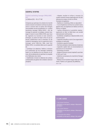 APEC – référentiel des métiers cadres DU MARKETING DIGITAL94
– Adapter, localiser et utiliser à nouveau du
contenu existant lorsque applicable pour les pla-
teformes de contenu on-line et off-line.
Formation et expérience :
– Diplôme en marketing, lettres ou équivalent
– 5 ans d’expérience minimum en content mana-
gement avec une expérience en édition on-line et
off-line, en digital…
–  Feeling commercial et sensibilité créative ;
expérience en BtoC et BtoB dans une société
internationale multi-­business
– Excellentes compétences rédactionnelles et de
communication
– Capacité à travailler au sein d’une organisation
complexe et matricielle
– Excellente capacité d’analyse
– Très forte orientation clients (internes et externes)
– Capacité à opérer dans un environnement en
croissance et en mouvement
– Dynamique et tenace
– Anglais et français courant impératif, aussi bien
à l’écrit qu’à l’oral.
– Intérêt et connaissance du marché de l’énergie
serait un plus
– Maîtrise d’une troisième langue telle que l’alle-
mand, l’italien ou le japonais de préférence.
Source : Apec
EXEMPLE D’OFFRE
Content marketing manager EMEA/APAC
H/F
La Défense (92) – 45 à 77 k€
Entreprise qui participe à la création du marché
solaire à travers le monde et continue en perma-
nence à innover dans le secteur des énergies
renouvelables recrute actuellement un « content
marketing manager EMEA/APAC » afin de
manager et exécuter la stratégie content/mes-
sages à travers la zone EMEA/APAC pour tous
les segments du business et des solutions
d’énergie. Ce poste est basé à Paris et est en
étroite collaboration avec le directeur US de
content et messaging, sous la supervision de la
manager senior MarCom, Web, Lead Gen
EMEA/APAC. Le candidat idéal aura la capacité
de :
– Contribuer à la rédaction, l’édition, la révision
et la publication de nos messages marketing
basés sur les bénéfices de nos produits et ser-
vices, afin de déclencher et optimiser la conquête
et la fidélisation des clients.
– Implémenter à travers la rédaction de contenu
contextualisé une gestion de la relation clients et
prospects
À lire AUSSI
 Les Fiches Fonctions
consultable sur www.apec.fr, rubrique « Observatoire
de l’emploi »
 Les Fiches Secteurs
consultable sur www.apec.fr, rubrique « Observatoire
de l’emploi »
 L’Annuaire des métiers
consultable sur www.apec.fr, rubrique « Ma carrière »
 