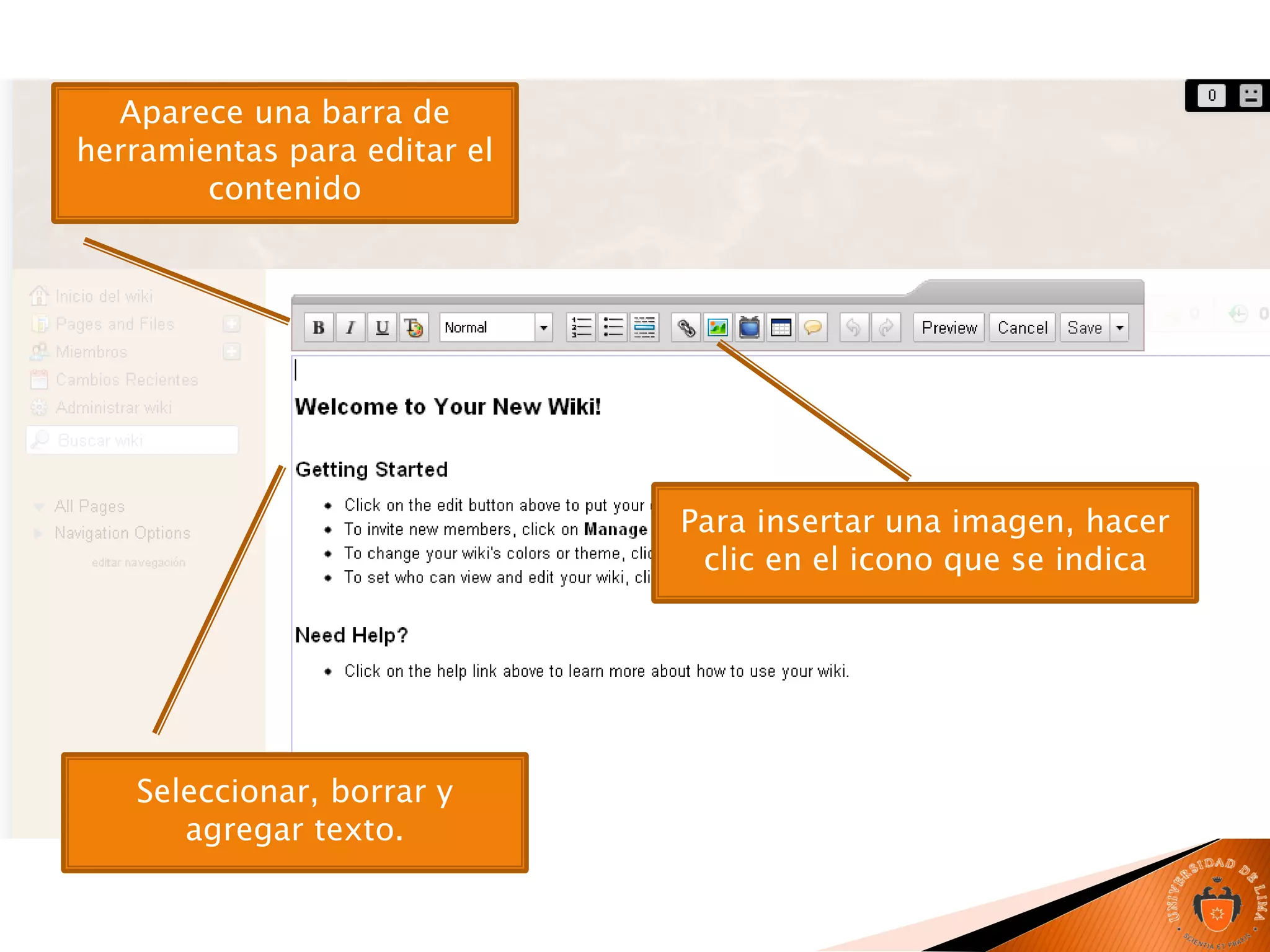 Seleccionar, borrar y
agregar texto.
Para insertar una imagen, hacer
clic en el icono que se indica
Aparece una barra de
herramientas para editar el
contenido
 