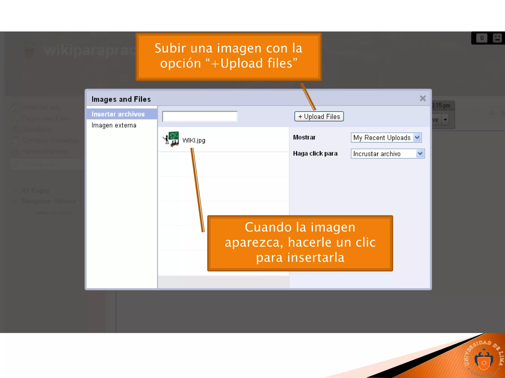 Subir una imagen con la
opción “+Upload files”
Cuando la imagen
aparezca, hacerle un clic
para insertarla
 
