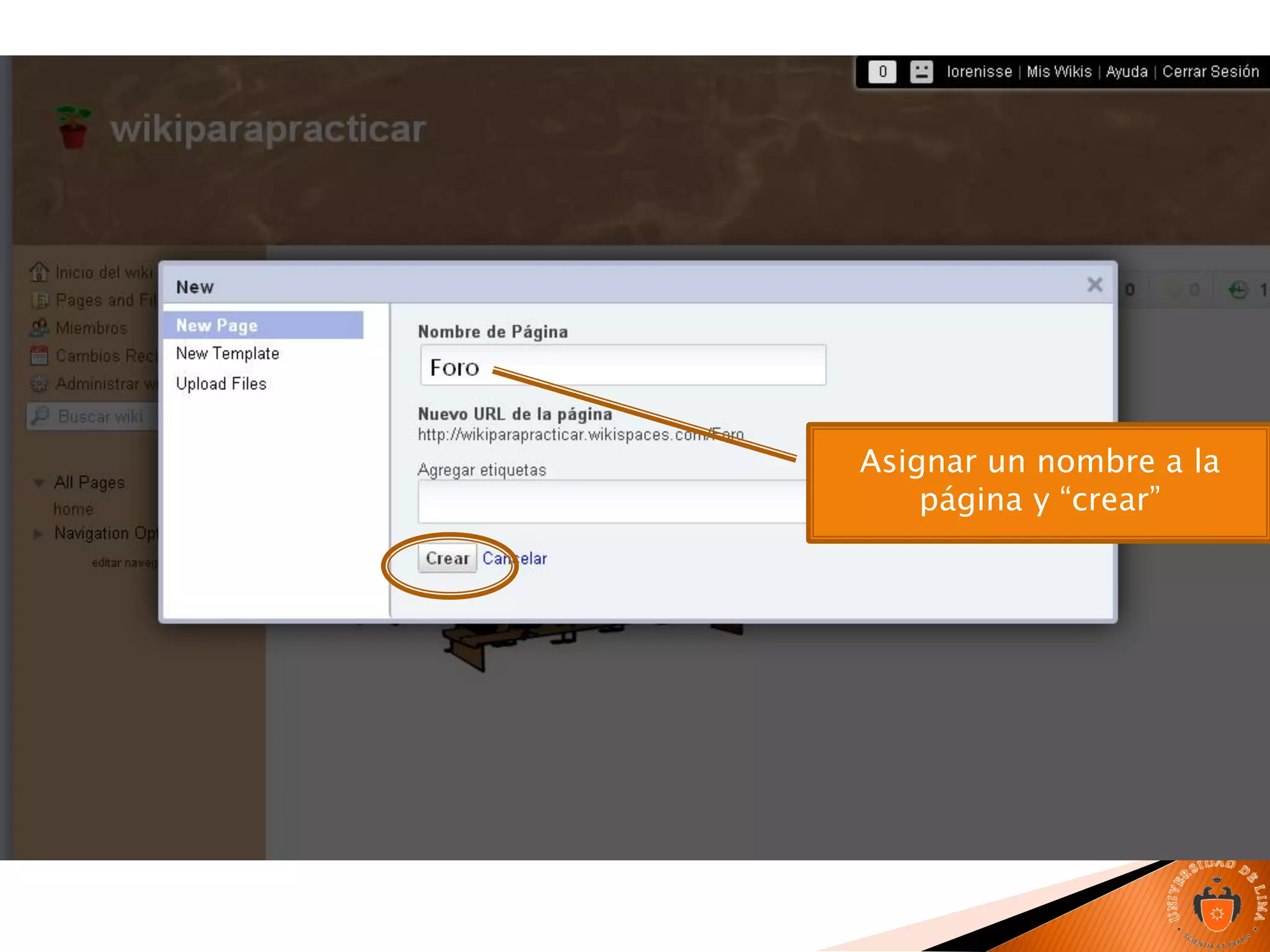 Asignar un nombre a la
página y “crear”
 
