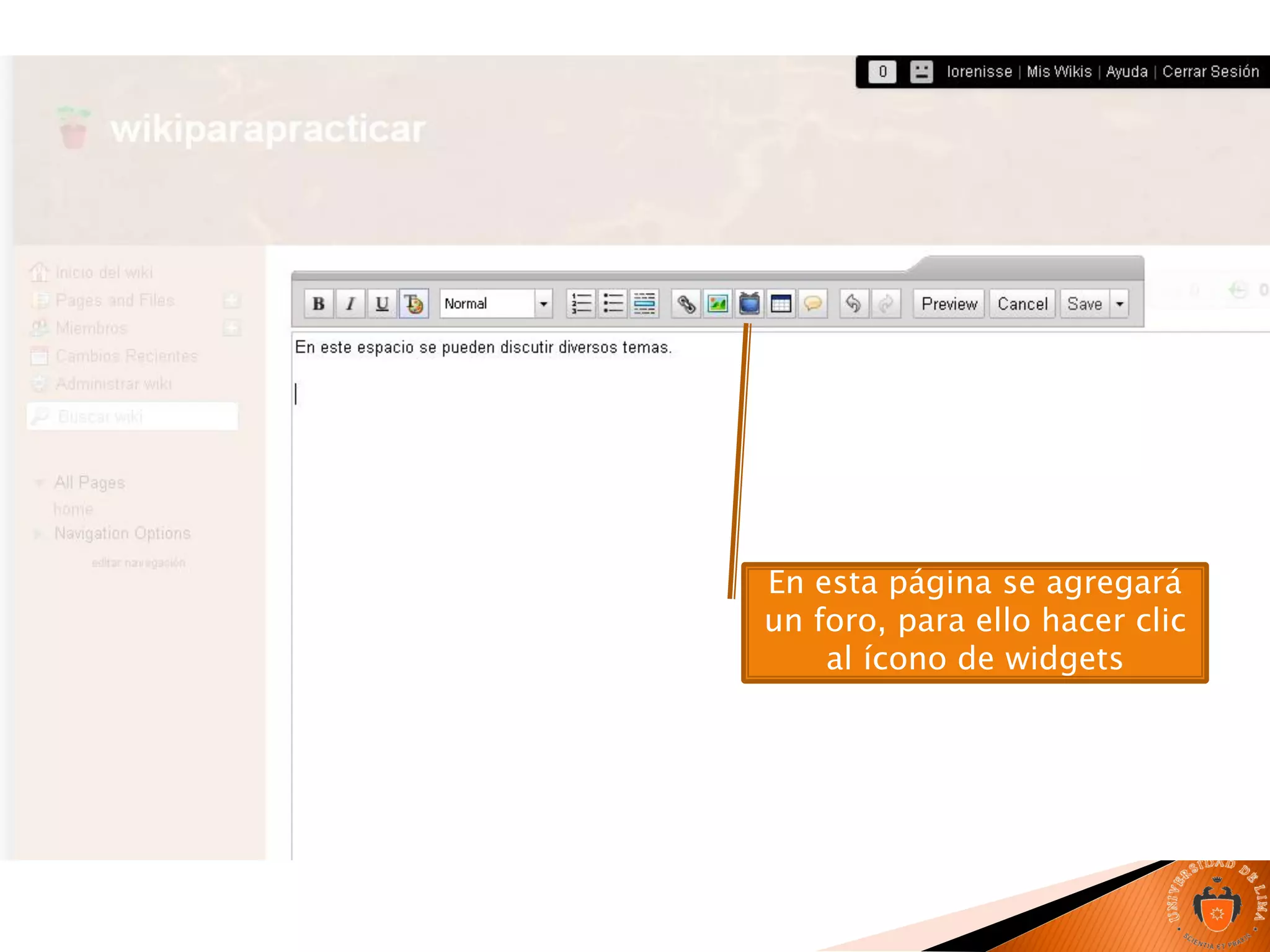 En esta página se agregará
un foro, para ello hacer clic
al ícono de widgets
 