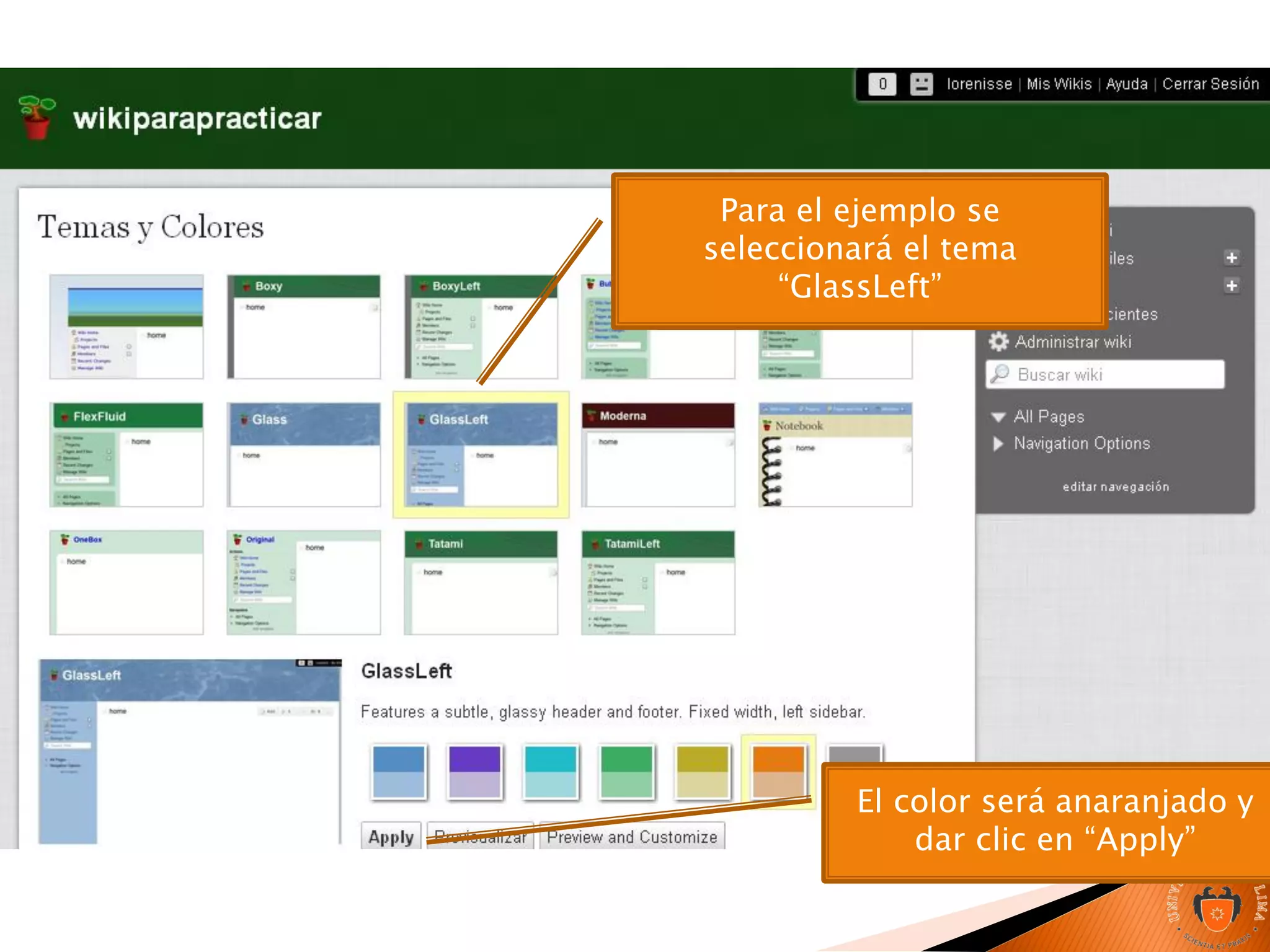 Para el ejemplo se
seleccionará el tema
“GlassLeft”
El color será anaranjado y
dar clic en “Apply”
 