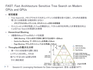 FAST: Fast Architecture Sensitive Tree Search on Modern
CPUs and GPUs
       研究概要
           Tree Searchは、メモリアクセスで大きくレイテンシの影響を受ける割に、CPU内の演算処
            理（主に比較処理）は相対的に少ない
                メモリアクセスのレイテンシは、CPUキャッシュの約100倍程度
           キャッシュヒット率を考慮したTreeの構造化と、ベクトル命令を利用した計算密度の向上
            によるTree-Searchの高速化を実現
       Hierarchical Blocking
           3種類のBlockでTree内のノードを配置
                SIMD Blocking: ベクトル命令で同時に実行する比較キーのBlock
                Cache line Blocking: データキャッシュを考慮したBlock
                Page Blocking: アドレスキャッシュ（TLB）を考慮したBlock
       Throughputの最大化分析
           単一クエリを処理する際に発生
            レイテンシを分析し、それを
            隠ぺいするために必要な同時
            クエリ数を推定
                                                                          [1]より引用
    3           Session 8: Leveraging Hardware for Data management 担当：山室健（NTT）
 