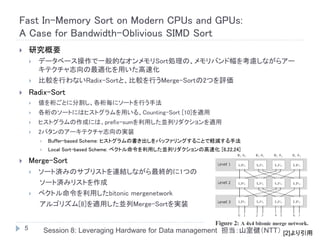 Fast In-Memory Sort on Modern CPUs and GPUs:
A Case for Bandwidth-Oblivious SIMD Sort
       研究概要
           データベース操作で一般的なオンメモリSort処理の、メモリバンド幅を考慮しながらアー
            キテクチャ志向の最適化を用いた高速化
           比較を行わないRadix-Sortと、比較を行うMerge-Sortの2つを評価
       Radix-Sort
           値を桁ごとに分割し、各桁毎にソートを行う手法
           各桁のソートにはヒストグラムを用いる、Counting-Sort [10]を適用
           ヒストグラムの作成には、prefix-sumを利用した並列リダクションを適用
           2パタンのアーキテクチャ志向の実装
                Buffer-based Scheme: ヒストグラムの書き出しをバッファリングすることで軽減する手法
                Local Sort-based Scheme: ベクトル命令を利用した並列リダクションの高速化 [6,22,24]

       Merge-Sort
           ソート済みのサブリストを連結しながら最終的に1つの
            ソート済みリストを作成
           ベクトル命令を利用したbitonic mergenetwork
            アルゴリズム[8]を適用した並列Merge-Sortを実装


    5           Session 8: Leveraging Hardware for Data management 担当：山室健（NTT） [2]より引用
 