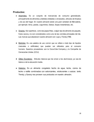 18
Productos:
● Abarrotes: Es un conjunto de mercancías de consumo generalizado,
principalmente de alimentos y bebidas enlatadas o envasados, artículos de limpieza
y de uso del hogar. En nuestro almacén existe una gran variedad de Mercadería,
por ejemplo: Arroz, pastas, Legumbres, Salsas, Sopas instantáneas, etc.
● Snacks: Son aperitivos, como las papas fritas, o algún tipo de alimento de paquete,
frutos secos y no son considerados como una de las comidas principales del día.
Las marcas que abastecen nuestro almacén son: Lays y Trendy (TIM)
● Bebidas: Es una palabra de uso común que se refiere a todo tipo de líquidos
(naturales o artificiales) que puedan ser utilizados para el consumo
humano. Nuestros proveedores son la Coca-Cola Company y la Compañía de
Cervecerías Unidas (CCU)
● Útiles Escolares: Artículos básicos que les sirven a los alumnos(a), ya sea de
básica o de la educación media.
● Helados: Es un alimento congelado hecho de agua, leche, crema de
leche o natilla combinadas con saborizantes, edulcorantes o azúcar, tanto
Trendy y Savory nos proveen sus productos en nuestro almacén.
 