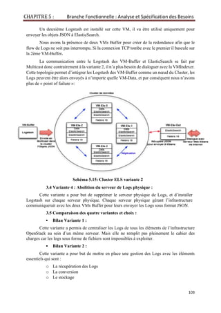 CHAPITRE 5 : Branche Fonctionnelle : Analyse et Spécification des Besoins
103
Un deuxième Logstash est installé sur cette VM, il va être utilisé uniquement pour
envoyer les objets JSON à ElasticSearch.
Nous avons la présence de deux VMs Buffer pour créer de la redondance afin que le
flow de Logs ne soit pas interrompu. Si la connexion TCP tombe avec le premier il bascule sur
la 2ème VM-Buffer.
La communication entre le Logstash des VM-Buffer et ElasticSearch se fait par
Multicast donc contrairement à la variante 2, il n’a plus besoin de dialoguer avec la VMIndexer.
Cette topologie permet d’intégrer les Logstash des VM-Buffer comme un nœud du Cluster, les
Logs peuvent être alors envoyés à n’importe quelle VM-Data, et par conséquent nous n’avons
plus de « point of failure »:
Schéma 5.15: Cluster ELS variante 2
3.4 Variante 4 : Abolition du serveur de Logs physique :
Cette variante a pour but de supprimer le serveur physique de Logs, et d’installer
Logstash sur chaque serveur physique. Chaque serveur physique gérant l’infrastructure
communiquerait avec les deux VMs Buffer pour leurs envoyer les Logs sous format JSON.
3.5 Comparaison des quatre variantes et choix :
▪ Bilan Variante 1 :
Cette variante a permis de centraliser les Logs de tous les éléments de l’infrastructure
OpenStack au sein d’un même serveur. Mais elle ne remplit pas pleinement le cahier des
charges car les logs sous forme de fichiers sont impossibles à exploiter.
▪ Bilan Variante 2 :
Cette variante a pour but de mettre en place une gestion des Logs avec les éléments
essentiels qui sont :
o La récupération des Logs
o La conversion
o Le stockage
 