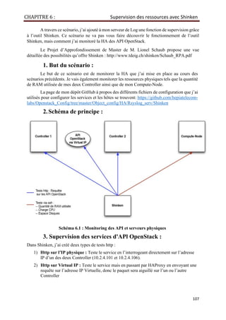 CHAPITRE 6 : Supervision des ressources avec Shinken
107
A travers ce scénario, j’ai ajouté à mon serveur de Log une fonction de supervision grâce
à l’outil Shinken. Ce scénario ne va pas vous faire découvrir le fonctionnement de l’outil
Shinken, mais comment j’ai monitoré la HA des API OpenStack.
Le Projet d’Approfondissement de Master de M. Lionel Schaub propose une vue
détaillée des possibilités qu’offre Shinken : http://www.tdeig.ch/shinken/Schaub_RPA.pdf
1. But du scénario :
Le but de ce scénario est de monitorer la HA que j’ai mise en place au cours des
scénarios précédents. Je vais également monitorer les ressources physiques tels que la quantité
de RAM utilisée de mes deux Controller ainsi que de mon Compute-Node.
La page de mon dépôt GitHub à propos des différents fichiers de configuration que j’ai
utilisés pour configurer les services et les hôtes se trouvent: https://github.com/hepiatelecom-
labs/Openstack_Config/tree/master/Object_config/HA/Rsyslog_serv/Shinken
2.Schéma de principe :
Schéma 6.1 : Monitoring des API et serveurs physiques
3. Supervision des services d'APl OpenStack :
Dans Shinken, j’ai créé deux types de tests http :
1) Http sur l’IP physique : Teste le service en l’interrogeant directement sur l’adresse
IP d’un des deux Controller (10.2.4.101 et 10.2.4.106).
2) Http sur Virtual IP : Teste le service mais en passant par HAProxy en envoyant une
requête sur l’adresse IP Virtuelle, donc le paquet sera aiguillé sur l’un ou l’autre
Controller
 