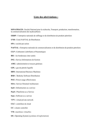 Liste des abréviations :
SONATRACH : Société National pour la recherche, Transport, production, transformation,
la commercialisation des hydrocarbures
ERDP : l’entreprise nationale de raffinage et de distribution de produits pétroliers
UND : Unité NAFTAL de Distribution
SPA : société par action
NAFTAL : Entreprise nationale de commercialisation et de distribution de produits pétroliers
CLP : Carburants Lubrifiants et Pneumatiques
BIU : les bordereaux inter unités
ING : Service Informations de Gestion
AMG : administration et moyen généraux
GPL : gaz de pétrole liquéfié
IBM : International Business Machines
BSD : Berkeley Software Distribution
PUE : Power usage effectiveness
SOA : Service Oriented Architecture
IaaS : Infrastructure as a service
PaaS : Plateforme as a Service
Saas : Software as a service
VPN : virtual private network
CLC : contrôleur de cloud
CC : cluster controller
VM : machines virtuelles
OS : Operating System (systèmes d'exploitation)
 