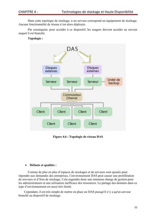 CHAPITRE 4 : Technologies de stockage et Haute Disponibilité
51
Dans cette topologie de stockage, à un serveur correspond un équipement de stockage.
Aucune fonctionnalité de réseau n’est alors déployée.
Par conséquent, pour accéder à ce dispositif, les usagers doivent accéder au serveur
auquel il est branché.
Topologie :
Figure 4.6 : Topologie de réseau DAS
• Défauts et qualités :
Comme de plus en plus d’espaces de stockages et de serveurs sont ajoutés pour
répondre aux demandes des entreprises, l’environnement DAS peut causer une prolifération
de serveurs et d’îlots de stockage. Cela engendre donc une immense charge de gestion pour
les administrateurs et une utilisation inefficace des ressources. Le partage des données dans ce
type d’environnement est aussi très limité.
Cependant, il est très simple de mettre en place un DAS puisqu'il n’y a qu'un serveur
branché au dispositif de stockage.
 