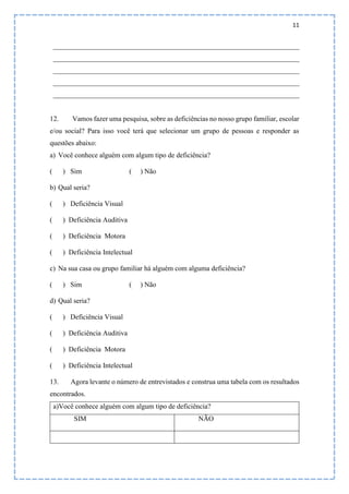 11
______________________________________________________________________
______________________________________________________________________
______________________________________________________________________
______________________________________________________________________
______________________________________________________________________
12. Vamos fazer uma pesquisa, sobre as deficiências no nosso grupo familiar, escolar
e/ou social? Para isso você terá que selecionar um grupo de pessoas e responder as
questões abaixo:
a) Você conhece alguém com algum tipo de deficiência?
( ) Sim ( ) Não
b) Qual seria?
( ) Deficiência Visual
( ) Deficiência Auditiva
( ) Deficiência Motora
( ) Deficiência Intelectual
c) Na sua casa ou grupo familiar há alguém com alguma deficiência?
( ) Sim ( ) Não
d) Qual seria?
( ) Deficiência Visual
( ) Deficiência Auditiva
( ) Deficiência Motora
( ) Deficiência Intelectual
13. Agora levante o número de entrevistados e construa uma tabela com os resultados
encontrados.
a)Você conhece alguém com algum tipo de deficiência?
SIM NÃO
 