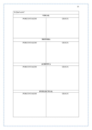 15
b) Qual seria?
VISUAL
PORCENTAGEM GRAUS
MOTORA
PORCENTAGEM GRAUS
AUDITIVA
PORCENTAGEM GRAUS
INTELECTUAL
PORCENTAGEM GRAUS
 