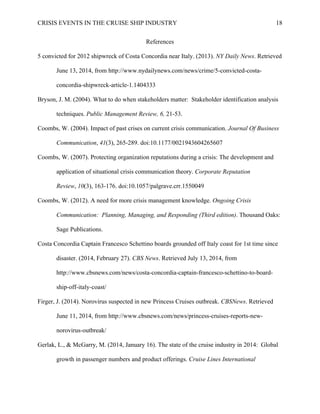 CRISIS EVENTS IN THE CRUISE SHIP INDUSTRY 18
References
5 convicted for 2012 shipwreck of Costa Concordia near Italy. (2013). NY Daily News. Retrieved
June 13, 2014, from http://www.nydailynews.com/news/crime/5-convicted-costa-
concordia-shipwreck-article-1.1404333
Bryson, J. M. (2004). What to do when stakeholders matter: Stakeholder identification analysis
techniques. Public Management Review, 6, 21-53.
Coombs, W. (2004). Impact of past crises on current crisis communication. Journal Of Business
Communication, 41(3), 265-289. doi:10.1177/0021943604265607
Coombs, W. (2007). Protecting organization reputations during a crisis: The development and
application of situational crisis communication theory. Corporate Reputation
Review, 10(3), 163-176. doi:10.1057/palgrave.crr.1550049
Coombs, W. (2012). A need for more crisis management knowledge. Ongoing Crisis
Communication: Planning, Managing, and Responding (Third edition). Thousand Oaks:
Sage Publications.
Costa Concordia Captain Francesco Schettino boards grounded off Italy coast for 1st time since
disaster. (2014, February 27). CBS News. Retrieved July 13, 2014, from
http://www.cbsnews.com/news/costa-concordia-captain-francesco-schettino-to-board-
ship-off-italy-coast/
Firger, J. (2014). Norovirus suspected in new Princess Cruises outbreak. CBSNews. Retrieved
June 11, 2014, from http://www.cbsnews.com/news/princess-cruises-reports-new-
norovirus-outbreak/
Gerlak, L., & McGarry, M. (2014, January 16). The state of the cruise industry in 2014: Global
growth in passenger numbers and product offerings. Cruise Lines International
 