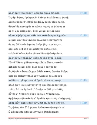 Ἐπιμέλεια κειμένου Ἰωάννης Καραδημητρόπουλος σελίς 8
μηδ’ ἡμῖν τεκέεσσί τ’ ὀπίσσω πῆμα λίποιτο. Γ 160
Ὣς ἄρ’ ἔφαν, Πρίαμος δ’ Ἑλένην ἐκαλέσσατο φωνῇ·
δεῦρο πάροιθ’ ἐλθοῦσα φίλον τέκος ἵζευ ἐμεῖο,
ὄφρα ἴδῃ πρότερόν τε πόσιν πηούς τε φίλους τε·
οὔ τί μοι αἰτίη ἐσσί, θεοί νύ μοι αἴτιοί εἰσιν
οἵ μοι ἐφώρμησαν πόλεμον πολύδακρυν Ἀχαιῶν· Γ 165
ὥς μοι καὶ τόνδ’ ἄνδρα πελώριον ἐξονομήνῃς
ὅς τις ὅδ’ ἐστὶν Ἀχαιὸς ἀνὴρ ἠΰς τε μέγας τε.
ἤτοι μὲν κεφαλῇ καὶ μείζονες ἄλλοι ἔασι,
καλὸν δ’ οὕτω ἐγὼν οὔ πω ἴδον ὀφθαλμοῖσιν,
οὐδ’ οὕτω γεραρόν· βασιλῆϊ γὰρ ἀνδρὶ ἔοικε. Γ 170
Τὸν δ’ Ἑλένη μύθοισιν ἀμείβετο δῖα γυναικῶν·
αἰδοῖός τέ μοί ἐσσι φίλε ἑκυρὲ δεινός τε·
ὡς ὄφελεν θάνατός μοι ἁδεῖν κακὸς ὁππότε δεῦρο
υἱέϊ σῷ ἑπόμην θάλαμον γνωτούς τε λιποῦσα
παῖδά τε τηλυγέτην καὶ ὁμηλικίην ἐρατεινήν. Γ 175
ἀλλὰ τά γ’ οὐκ ἐγένοντο· τὸ καὶ κλαίουσα τέτηκα.
τοῦτο δέ τοι ἐρέω ὅ μ’ ἀνείρεαι ἠδὲ μεταλλᾷς·
οὗτός γ’ Ἀτρεΐδης εὐρὺ κρείων Ἀγαμέμνων,
ἀμφότερον βασιλεύς τ’ ἀγαθὸς κρατερός τ’ αἰχμητής·
δαὴρ αὖτ’ ἐμὸς ἔσκε κυνώπιδος, εἴ ποτ’ ἔην γε. Γ 180
Ὣς φάτο, τὸν δ’ ὁ γέρων ἠγάσσατο φώνησέν τε·
ὦ μάκαρ Ἀτρεΐδη μοιρηγενὲς ὀλβιόδαιμον,
 