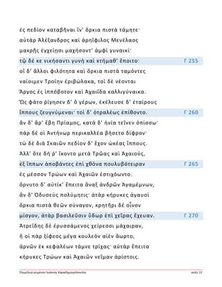 Ἐπιμέλεια κειμένου Ἰωάννης Καραδημητρόπουλος σελίς 12
ἐς πεδίον καταβῆναι ἵν’ ὅρκια πιστὰ τάμητε·
αὐτὰρ Ἀλέξανδρος καὶ ἀρηΐφιλος Μενέλαος
μακρῇς ἐγχείῃσι μαχήσοντ’ ἀμφὶ γυναικί·
τῷ δέ κε νικήσαντι γυνὴ καὶ κτήμαθ’ ἕποιτο· Γ 255
οἳ δ’ ἄλλοι φιλότητα καὶ ὅρκια πιστὰ ταμόντες
ναίοιμεν Τροίην ἐριβώλακα, τοὶ δὲ νέονται
Ἄργος ἐς ἱππόβοτον καὶ Ἀχαιΐδα καλλιγύναικα.
Ὣς φάτο ῥίγησεν δ’ ὃ γέρων, ἐκέλευσε δ’ ἑταίρους
ἵππους ζευγνύμεναι· τοὶ δ’ ὀτραλέως ἐπίθοντο. Γ 260
ἂν δ’ ἄρ’ ἔβη Πρίαμος, κατὰ δ’ ἡνία τεῖνεν ὀπίσσω·
πὰρ δέ οἱ Ἀντήνωρ περικαλλέα βήσετο δίφρον·
τὼ δὲ διὰ Σκαιῶν πεδίον δ’ ἔχον ὠκέας ἵππους.
Ἀλλ’ ὅτε δή ῥ’ ἵκοντο μετὰ Τρῶας καὶ Ἀχαιούς,
ἐξ ἵππων ἀποβάντες ἐπὶ χθόνα πουλυβότειραν Γ 265
ἐς μέσσον Τρώων καὶ Ἀχαιῶν ἐστιχόωντο.
ὄρνυτο δ’ αὐτίκ’ ἔπειτα ἄναξ ἀνδρῶν Ἀγαμέμνων,
ἂν δ’ Ὀδυσεὺς πολύμητις· ἀτὰρ κήρυκες ἀγαυοὶ
ὅρκια πιστὰ θεῶν σύναγον, κρητῆρι δὲ οἶνον
μίσγον, ἀτὰρ βασιλεῦσιν ὕδωρ ἐπὶ χεῖρας ἔχευαν. Γ 270
Ἀτρεΐδης δὲ ἐρυσσάμενος χείρεσσι μάχαιραν,
ἥ οἱ πὰρ ξίφεος μέγα κουλεὸν αἰὲν ἄωρτο,
ἀρνῶν ἐκ κεφαλέων τάμνε τρίχας· αὐτὰρ ἔπειτα
κήρυκες Τρώων καὶ Ἀχαιῶν νεῖμαν ἀρίστοις.
 