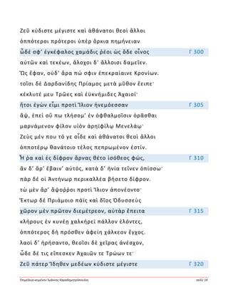 Ἐπιμέλεια κειμένου Ἰωάννης Καραδημητρόπουλος σελίς 14
Ζεῦ κύδιστε μέγιστε καὶ ἀθάνατοι θεοὶ ἄλλοι
ὁππότεροι πρότεροι ὑπὲρ ὅρκια πημήνειαν
ὧδέ σφ’ ἐγκέφαλος χαμάδις ῥέοι ὡς ὅδε οἶνος Γ 300
αὐτῶν καὶ τεκέων, ἄλοχοι δ’ ἄλλοισι δαμεῖεν.
Ὣς ἔφαν, οὐδ’ ἄρα πώ σφιν ἐπεκραίαινε Κρονίων.
τοῖσι δὲ Δαρδανίδης Πρίαμος μετὰ μῦθον ἔειπε·
κέκλυτέ μευ Τρῶες καὶ ἐϋκνήμιδες Ἀχαιοί·
ἤτοι ἐγὼν εἶμι προτὶ Ἴλιον ἠνεμόεσσαν Γ 305
ἄψ, ἐπεὶ οὔ πω τλήσομ’ ἐν ὀφθαλμοῖσιν ὁρᾶσθαι
μαρνάμενον φίλον υἱὸν ἀρηϊφίλῳ Μενελάῳ·
Ζεὺς μέν που τό γε οἶδε καὶ ἀθάνατοι θεοὶ ἄλλοι
ὁπποτέρῳ θανάτοιο τέλος πεπρωμένον ἐστίν.
Ἦ ῥα καὶ ἐς δίφρον ἄρνας θέτο ἰσόθεος φώς, Γ 310
ἂν δ’ ἄρ’ ἔβαιν’ αὐτός, κατὰ δ’ ἡνία τεῖνεν ὀπίσσω·
πὰρ δέ οἱ Ἀντήνωρ περικαλλέα βήσετο δίφρον.
τὼ μὲν ἄρ’ ἄψοῤῥοι προτὶ Ἴλιον ἀπονέοντο·
Ἕκτωρ δὲ Πριάμοιο πάϊς καὶ δῖος Ὀδυσσεὺς
χῶρον μὲν πρῶτον διεμέτρεον, αὐτὰρ ἔπειτα Γ 315
κλήρους ἐν κυνέῃ χαλκήρεϊ πάλλον ἑλόντες,
ὁππότερος δὴ πρόσθεν ἀφείη χάλκεον ἔγχος.
λαοὶ δ’ ἠρήσαντο, θεοῖσι δὲ χεῖρας ἀνέσχον,
ὧδε δέ τις εἴπεσκεν Ἀχαιῶν τε Τρώων τε·
Ζεῦ πάτερ Ἴδηθεν μεδέων κύδιστε μέγιστε Γ 320
 