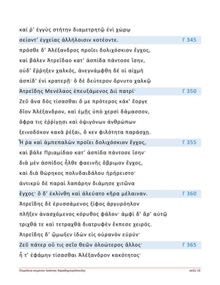 Ἐπιμέλεια κειμένου Ἰωάννης Καραδημητρόπουλος σελίς 16
καί ῥ’ ἐγγὺς στήτην διαμετρητῷ ἐνὶ χώρῳ
σείοντ’ ἐγχείας ἀλλήλοισιν κοτέοντε. Γ 345
πρόσθε δ’ Ἀλέξανδρος προΐει δολιχόσκιον ἔγχος,
καὶ βάλεν Ἀτρεΐδαο κατ’ ἀσπίδα πάντοσε ἴσην,
οὐδ’ ἔῤῥηξεν χαλκός, ἀνεγνάμφθη δέ οἱ αἰχμὴ
ἀσπίδ’ ἐνὶ κρατερῇ· ὃ δὲ δεύτερον ὄρνυτο χαλκῷ
Ἀτρεΐδης Μενέλαος ἐπευξάμενος Διὶ πατρί· Γ 350
Ζεῦ ἄνα δὸς τίσασθαι ὅ με πρότερος κάκ’ ἔοργε
δῖον Ἀλέξανδρον, καὶ ἐμῇς ὑπὸ χερσὶ δάμασσον,
ὄφρα τις ἐῤῥίγῃσι καὶ ὀψιγόνων ἀνθρώπων
ξεινοδόκον κακὰ ῥέξαι, ὅ κεν φιλότητα παράσχῃ.
Ἦ ῥα καὶ ἀμπεπαλὼν προΐει δολιχόσκιον ἔγχος, Γ 355
καὶ βάλε Πριαμίδαο κατ’ ἀσπίδα πάντοσε ἴσην·
διὰ μὲν ἀσπίδος ἦλθε φαεινῆς ὄβριμον ἔγχος,
καὶ διὰ θώρηκος πολυδαιδάλου ἠρήρειστο·
ἀντικρὺ δὲ παραὶ λαπάρην διάμησε χιτῶνα
ἔγχος· ὃ δ’ ἐκλίνθη καὶ ἀλεύατο κῆρα μέλαιναν. Γ 360
Ἀτρεΐδης δὲ ἐρυσσάμενος ξίφος ἀργυρόηλον
πλῆξεν ἀνασχόμενος κόρυθος φάλον· ἀμφὶ δ’ ἄρ’ αὐτῷ
τριχθά τε καὶ τετραχθὰ διατρυφὲν ἔκπεσε χειρός.
Ἀτρεΐδης δ’ ᾤμωξεν ἰδὼν εἰς οὐρανὸν εὐρύν·
Ζεῦ πάτερ οὔ τις σεῖο θεῶν ὀλοώτερος ἄλλος· Γ 365
ἦ τ’ ἐφάμην τίσασθαι Ἀλέξανδρον κακότητος·
 