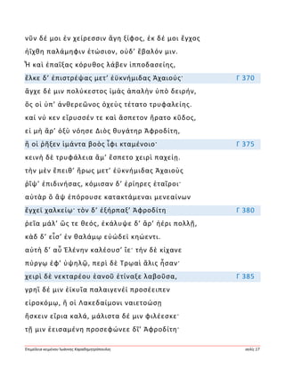 Ἐπιμέλεια κειμένου Ἰωάννης Καραδημητρόπουλος σελίς 17
νῦν δέ μοι ἐν χείρεσσιν ἄγη ξίφος, ἐκ δέ μοι ἔγχος
ἠΐχθη παλάμηφιν ἐτώσιον, οὐδ’ ἔβαλόν μιν.
Ἦ καὶ ἐπαΐξας κόρυθος λάβεν ἱπποδασείης,
ἕλκε δ’ ἐπιστρέψας μετ’ ἐϋκνήμιδας Ἀχαιούς· Γ 370
ἄγχε δέ μιν πολύκεστος ἱμὰς ἁπαλὴν ὑπὸ δειρήν,
ὅς οἱ ὑπ’ ἀνθερεῶνος ὀχεὺς τέτατο τρυφαλείης.
καί νύ κεν εἴρυσσέν τε καὶ ἄσπετον ἤρατο κῦδος,
εἰ μὴ ἄρ’ ὀξὺ νόησε Διὸς θυγάτηρ Ἀφροδίτη,
ἥ οἱ ῥῆξεν ἱμάντα βοὸς ἶφι κταμένοιο· Γ 375
κεινὴ δὲ τρυφάλεια ἅμ’ ἕσπετο χειρὶ παχείῃ.
τὴν μὲν ἔπειθ’ ἥρως μετ’ ἐϋκνήμιδας Ἀχαιοὺς
ῥῖψ’ ἐπιδινήσας, κόμισαν δ’ ἐρίηρες ἑταῖροι·
αὐτὰρ ὃ ἂψ ἐπόρουσε κατακτάμεναι μενεαίνων
ἔγχεϊ χαλκείῳ· τὸν δ’ ἐξήρπαξ’ Ἀφροδίτη Γ 380
ῥεῖα μάλ’ ὥς τε θεός, ἐκάλυψε δ’ ἄρ’ ἠέρι πολλῇ,
κὰδ δ’ εἷσ’ ἐν θαλάμῳ εὐώδεϊ κηώεντι.
αὐτὴ δ’ αὖ Ἑλένην καλέουσ’ ἴε· τὴν δὲ κίχανε
πύργῳ ἐφ’ ὑψηλῷ, περὶ δὲ Τρῳαὶ ἅλις ἦσαν·
χειρὶ δὲ νεκταρέου ἑανοῦ ἐτίναξε λαβοῦσα, Γ 385
γρηῒ δέ μιν ἐϊκυῖα παλαιγενέϊ προσέειπεν
εἰροκόμῳ, ἥ οἱ Λακεδαίμονι ναιετοώσῃ
ἤσκειν εἴρια καλά, μάλιστα δέ μιν φιλέεσκε·
τῇ μιν ἐεισαμένη προσεφώνεε δῖ’ Ἀφροδίτη·
 