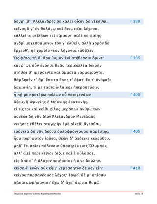 Ἐπιμέλεια κειμένου Ἰωάννης Καραδημητρόπουλος σελίς 18
δεῦρ’ ἴθ’· Ἀλέξανδρός σε καλεῖ οἶκον δὲ νέεσθαι. Γ 390
κεῖνος ὅ γ’ ἐν θαλάμῳ καὶ δινωτοῖσι λέχεσσι
κάλλεΐ τε στίλβων καὶ εἵμασιν· οὐδέ κε φαίης
ἀνδρὶ μαχεσσάμενον τόν γ’ ἐλθεῖν, ἀλλὰ χορὸν δὲ
ἔρχεσθ’, ἠὲ χοροῖο νέον λήγοντα καθίζειν.
Ὣς φάτο, τῇ δ’ ἄρα θυμὸν ἐνὶ στήθεσσιν ὄρινε· Γ 395
καί ῥ’ ὡς οὖν ἐνόησε θεᾶς περικαλλέα δειρὴν
στήθεά θ’ ἱμερόεντα καὶ ὄμματα μαρμαίροντα,
θάμβησέν τ’ ἄρ’ ἔπειτα ἔπος τ’ ἔφατ’ ἔκ τ’ ὀνόμαζε·
δαιμονίη, τί με ταῦτα λιλαίεαι ἠπεροπεύειν;
ἦ πῄ με προτέρω πολίων εὖ ναιομενάων Γ 400
ἄξεις, ἢ Φρυγίης ἢ Μῃονίης ἐρατεινῆς,
εἴ τίς τοι καὶ κεῖθι φίλος μερόπων ἀνθρώπων·
οὕνεκα δὴ νῦν δῖον Ἀλέξανδρον Μενέλαος
νικήσας ἐθέλει στυγερὴν ἐμὲ οἴκαδ’ ἄγεσθαι,
τοὔνεκα δὴ νῦν δεῦρο δολοφρονέουσα παρέστης; Γ 405
ἧσο παρ’ αὐτὸν ἰοῦσα, θεῶν δ’ ἀπόεικε κελεύθου,
μηδ’ ἔτι σοῖσι πόδεσσιν ὑποστρέψειας Ὄλυμπον,
ἀλλ’ αἰεὶ περὶ κεῖνον ὀΐζυε καί ἑ φύλασσε,
εἰς ὅ κέ σ’ ἢ ἄλοχον ποιήσεται ἢ ὅ γε δούλην.
κεῖσε δ’ ἐγὼν οὐκ εἶμι· νεμεσσητὸν δέ κεν εἴη· Γ 410
κείνου πορσανέουσα λέχος· Τρῳαὶ δέ μ’ ὀπίσσω
πᾶσαι μωμήσονται· ἔχω δ’ ἄχε’ ἄκριτα θυμῷ.
 