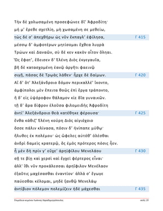 Ἐπιμέλεια κειμένου Ἰωάννης Καραδημητρόπουλος σελίς 19
Τὴν δὲ χολωσαμένη προσεφώνεε δῖ’ Ἀφροδίτη·
μή μ’ ἔρεθε σχετλίη, μὴ χωσαμένη σε μεθείω,
τὼς δέ σ’ ἀπεχθήρω ὡς νῦν ἔκπαγλ’ ἐφίλησα, Γ 415
μέσσῳ δ’ ἀμφοτέρων μητίσομαι ἔχθεα λυγρὰ
Τρώων καὶ Δαναῶν, σὺ δέ κεν κακὸν οἶτον ὄληαι.
Ὣς ἔφατ’, ἔδεισεν δ’ Ἑλένη Διὸς ἐκγεγαυῖα,
βῆ δὲ κατασχομένη ἑανῷ ἀργῆτι φαεινῷ
σιγῇ, πάσας δὲ Τρῳὰς λάθεν· ἦρχε δὲ δαίμων. Γ 420
Αἳ δ’ ὅτ’ Ἀλεξάνδροιο δόμον περικαλλέ’ ἵκοντο,
ἀμφίπολοι μὲν ἔπειτα θοῶς ἐπὶ ἔργα τράποντο,
ἣ δ’ εἰς ὑψόροφον θάλαμον κίε δῖα γυναικῶν.
τῇ δ’ ἄρα δίφρον ἑλοῦσα φιλομειδὴς Ἀφροδίτη
ἀντί’ Ἀλεξάνδροιο θεὰ κατέθηκε φέρουσα· Γ 425
ἔνθα κάθιζ’ Ἑλένη κούρη Διὸς αἰγιόχοιο
ὄσσε πάλιν κλίνασα, πόσιν δ’ ἠνίπαπε μύθῳ·
ἤλυθες ἐκ πολέμου· ὡς ὤφελες αὐτόθ’ ὀλέσθαι
ἀνδρὶ δαμεὶς κρατερῷ, ὃς ἐμὸς πρότερος πόσις ἦεν.
ἦ μὲν δὴ πρίν γ’ εὔχε’ ἀρηϊφίλου Μενελάου Γ 430
σῇ τε βίῃ καὶ χερσὶ καὶ ἔγχεϊ φέρτερος εἶναι·
ἀλλ’ ἴθι νῦν προκάλεσσαι ἀρηΐφιλον Μενέλαον
ἐξαῦτις μαχέσασθαι ἐναντίον· ἀλλά σ’ ἔγωγε
παύεσθαι κέλομαι, μηδὲ ξανθῷ Μενελάῳ
ἀντίβιον πόλεμον πολεμίζειν ἠδὲ μάχεσθαι Γ 435
 