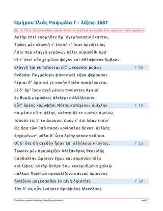 Ἐπιμέλεια κειμένου Ἰωάννης Καραδημητρόπουλος σελίς 1
Ὁμήρου Ἰλιάς Ῥαψῳδία Γ - λέξεις: 1687
Εἰς τὸ τέλος τῆς ῥαψῳδίας παρατίθεται τὸ λεξιλόγειον αὐτῆς ἄνευ ἑρμηνευτικῶν σχολίων
Αὐτὰρ ἐπεὶ κόσμηθεν ἅμ’ ἡγεμόνεσσιν ἕκαστοι,
Τρῶες μὲν κλαγγῇ τ’ ἐνοπῇ τ’ ἴσαν ὄρνιθες ὣς
ἠΰτε περ κλαγγὴ γεράνων πέλει οὐρανόθι πρό·
αἵ τ’ ἐπεὶ οὖν χειμῶνα φύγον καὶ ἀθέσφατον ὄμβρον
κλαγγῇ ταί γε πέτονται ἐπ’ ὠκεανοῖο ῥοάων Γ 05
ἀνδράσι Πυγμαίοισι φόνον καὶ κῆρα φέρουσαι·
ἠέριαι δ’ ἄρα ταί γε κακὴν ἔριδα προφέρονται.
οἳ δ’ ἄρ’ ἴσαν σιγῇ μένεα πνείοντες Ἀχαιοὶ
ἐν θυμῷ μεμαῶτες ἀλεξέμεν ἀλλήλοισιν.
Εὖτ’ ὄρεος κορυφῇσι Νότος κατέχευεν ὀμίχλην Γ 10
ποιμέσιν οὔ τι φίλην, κλέπτῃ δέ τε νυκτὸς ἀμείνω,
τόσσόν τίς τ’ ἐπιλεύσσει ὅσον τ’ ἐπὶ λᾶαν ἵησιν·
ὣς ἄρα τῶν ὑπὸ ποσσὶ κονίσαλος ὄρνυτ’ ἀελλὴς
ἐρχομένων· μάλα δ’ ὦκα διέπρησσον πεδίοιο.
Οἳ δ’ ὅτε δὴ σχεδὸν ἦσαν ἐπ’ ἀλλήλοισιν ἰόντες, Γ 15
Τρωσὶν μὲν προμάχιζεν Ἀλέξανδρος θεοειδὴς
παρδαλέην ὤμοισιν ἔχων καὶ καμπύλα τόξα
καὶ ξίφος· αὐτὰρ δοῦρε δύω κεκορυθμένα χαλκῷ
πάλλων Ἀργείων προκαλίζετο πάντας ἀρίστους
ἀντίβιον μαχέσασθαι ἐν αἰνῇ δηϊοτῆτι. Γ 20
Τὸν δ’ ὡς οὖν ἐνόησεν ἀρηΐφιλος Μενέλαος
 