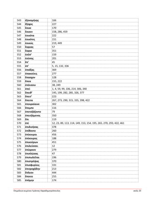 Ἐπιμέλεια κειμένου Ἰωάννης Καραδημητρόπουλος σελίς 35
543 ἐξονομήνῃς 166
544 ἔξοχος 227
545 ἔοικε 170
546 ἔοικεν 158, 286, 459
547 ἐοικότα 222
548 ἐοικότες 151
549 ἐοικώς 219, 449
550 ἔοργας 57
551 ἔοργε 351
552 ἐοῦσ’ 159
553 ἐούσης 201
554 ἔπ’ 45
555 ἐπ’ 5, 15, 132, 336
556 ἐπαΐξας 369
557 ἐπακούεις 277
558 ἔπασχον 128
559 ἔπεα 155, 222
560 ἐπέεσσιν 38, 249
561 ἐπεί 1, 4, 59, 99, 106, 214, 306, 340
562 ἔπειθ’ 145, 199, 282, 285, 326, 377
563 ἔπειτ’ 223
564 ἔπειτα 267, 273, 290, 315, 335, 398, 422
565 ἐπεκραίαινε 302
566 ἔπεμπε 116
567 ἐπετοξάζοντο 79
568 ἐπευξάμενος 350
569 ἔπι 119
570 ἐπί 12, 23, 89, 113, 114, 149, 153, 154, 195, 265, 270, 293, 422, 461
571 ἐπιδινήσας 378
572 ἐπίθοντο 260
573 ἐπίκουροι 456
574 ἐπίκουρος 188
575 ἐπικούρων 451
576 ἐπιλεύσσει 12
577 ἐπίορκον 279
578 ἐπιπλώσας 47
579 ἐπιπωλεῖται 196
580 ἐπιστρέψας 370
581 ἐπισφυρίοις 331
582 ἐπιτροχάδην 213
583 ἔπλεον 444
584 ἕποιτο 255
585 ἑπόμην 174
 
