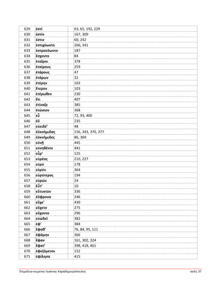 Ἐπιμέλεια κειμένου Ἰωάννης Καραδημητρόπουλος σελίς 37
629 ἐστί 63, 65, 192, 229
630 ἐστίν 167, 309
631 ἐστιν 60, 242
632 ἐστιχόωντο 266, 341
633 ἐστρατόωντο 187
634 ἔσχοντο 84
635 ἑταῖροι 378
636 ἑταίρους 259
637 ἑτάρους 47
638 ἑτάρων 32
639 ἑτέρην 103
640 ἕτερον 103
641 ἑτέρωθεν 230
642 ἔτι 407
643 ἐτίναξε 385
644 ἐτώσιον 368
645 εὖ 72, 93, 400
646 ἐΰ 235
647 εὐειδέ’ 48
648 ἐϋκνήμιδας 156, 343, 370, 377
649 ἐϋκνήμιδες 86, 304
650 εὐνῇ 445
651 εὐνηθέντε 441
652 εὗρ’ 125
653 εὐρέας 210, 227
654 εὐρύ 178
655 εὐρύν 364
656 εὐρύτερος 194
657 εὑρών 24
658 Εὖτ’ 10
659 εὔτυκτον 336
660 ἐΰφρονα 246
661 εὔχε’ 430
662 εὔχετο 275
663 εὔχοντο 296
664 εὐώδεϊ 382
665 ἐφ’ 384
666 ἔφαθ’ 76, 84, 95, 111
667 ἐφάμην 366
668 ἔφαν 161, 302, 324
669 ἔφατ’ 398, 418, 461
670 ἐφεζόμενοι 152
671 ἐφίλησα 415
 